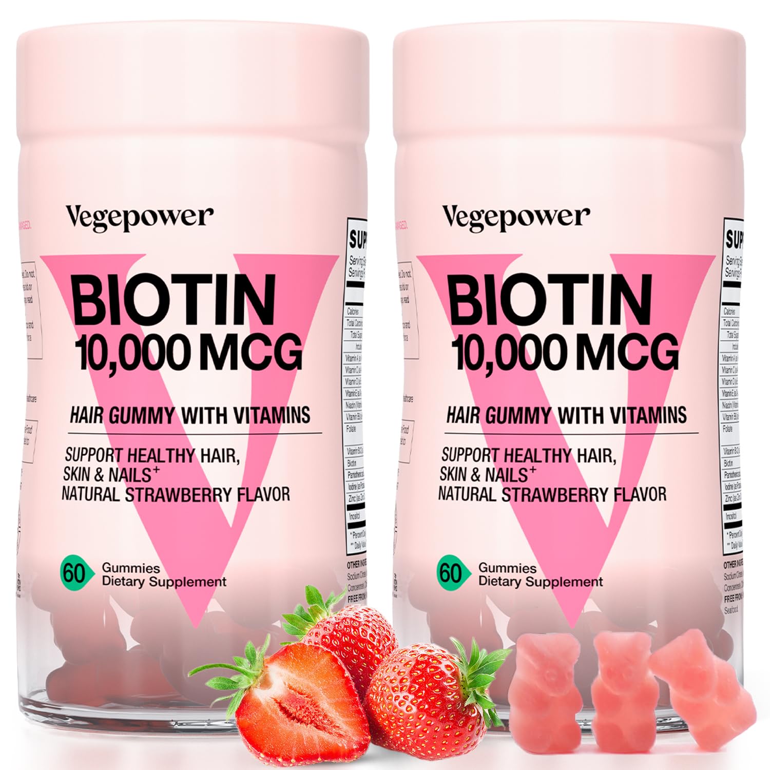 VEGEPOWER Biotin Gummies bottle showing strawberry flavor for hair and nails support.