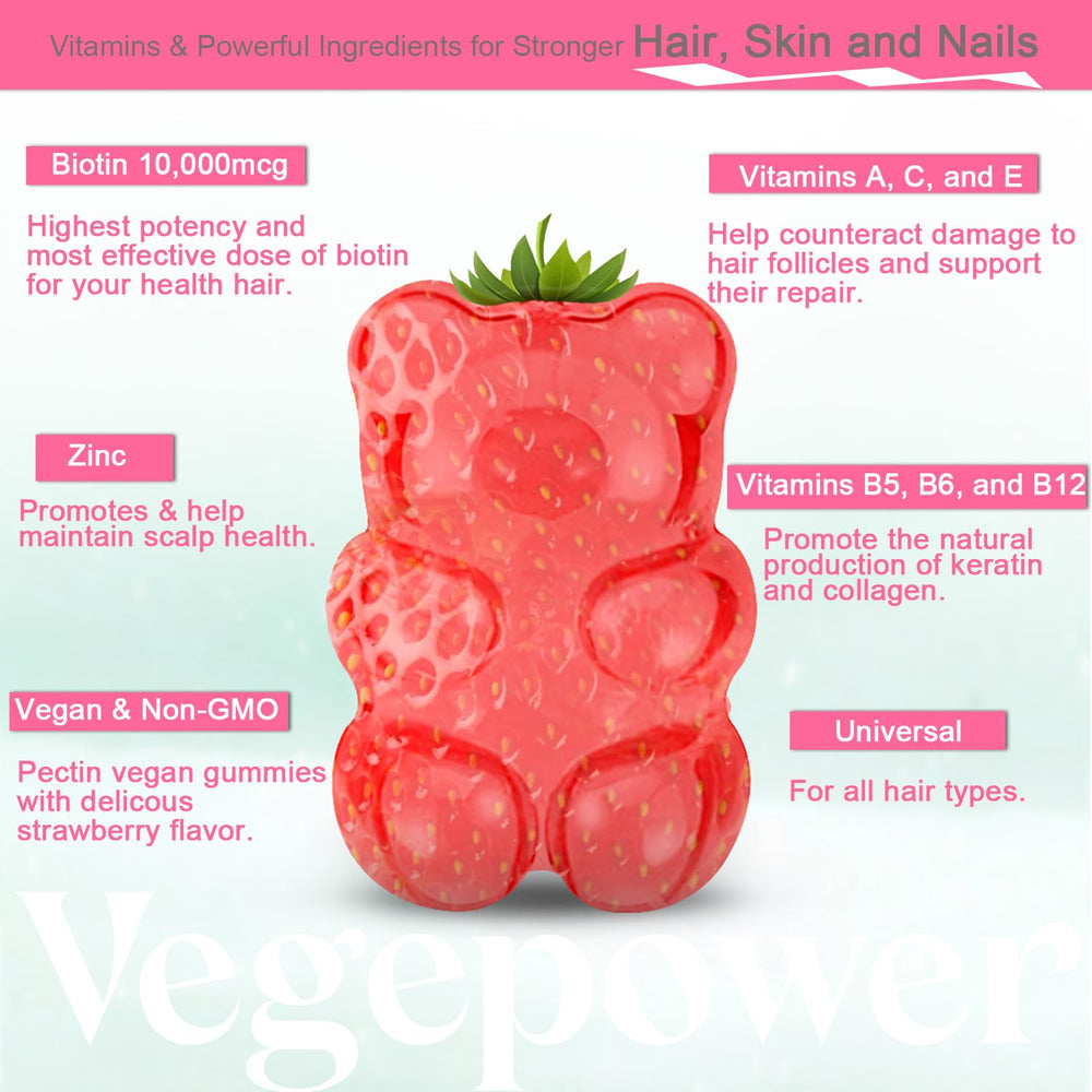 Close-up of VEGEPOWER Biotin Gummies highlighting strawberry flavor.