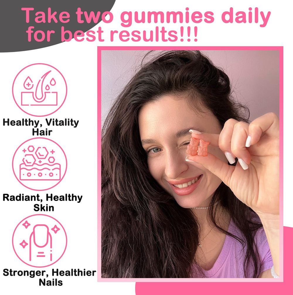 VEGEPOWER Biotin Gummies on a wooden surface with bright strawberry texture.