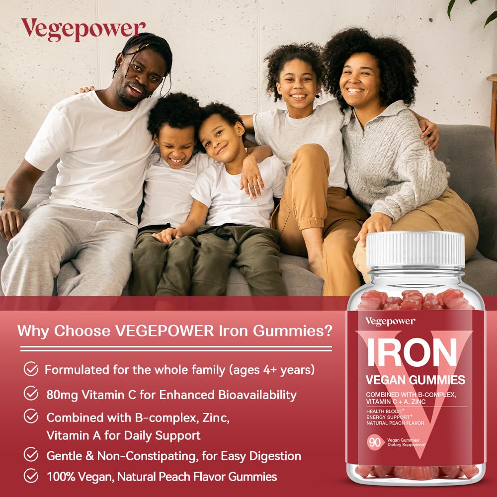 Vegepower iron gummies nutrition facts show vitamin C support for better absorption.