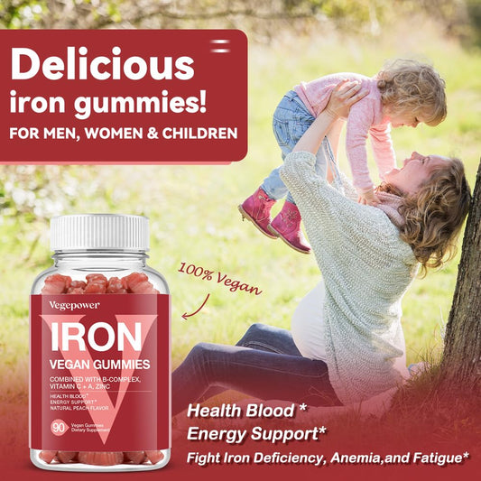 Vegepower iron gummies peach close-up emphasizes fruity taste and easy-on-the-stomach iron.