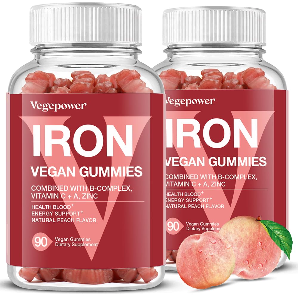 VEGEPOWER Vegan Iron Gummies bottle shows peach flavor and daily energy support.