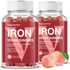 VEGEPOWER Vegan Iron Gummies bottle shows peach flavor and daily energy support.