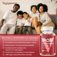 VEGEPOWER Iron Gummies ingredients label highlights vitamins and minerals.