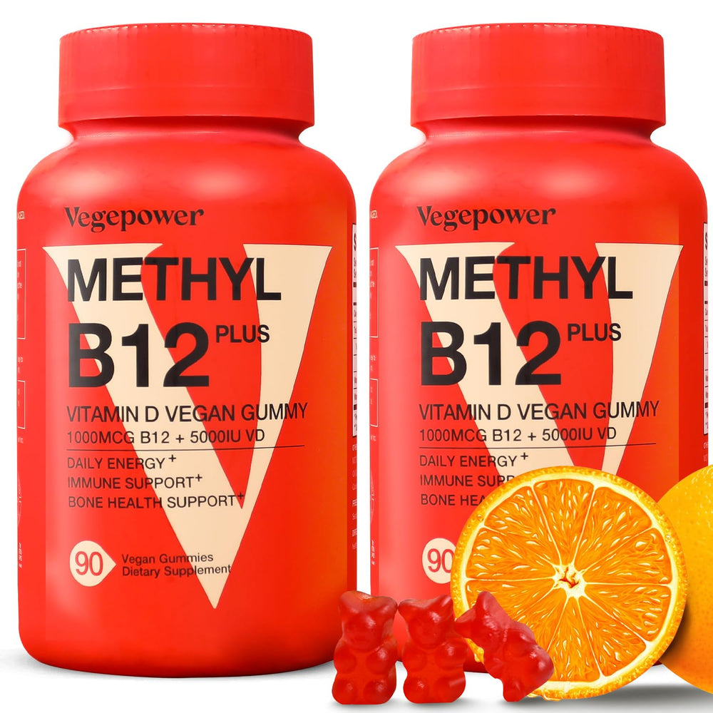 VEGEPOWER Vitamin B12 D3 gummies in an orange bottle for daily energy support.