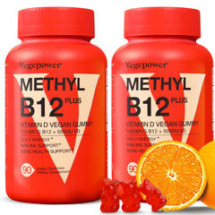 VEGEPOWER Vitamin B12 D3 gummies in an orange bottle for daily energy support.