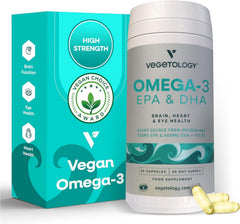 VEGETOLOGY vegan omega-3 bottle with capsules supporting plant-based EPA and DHA.