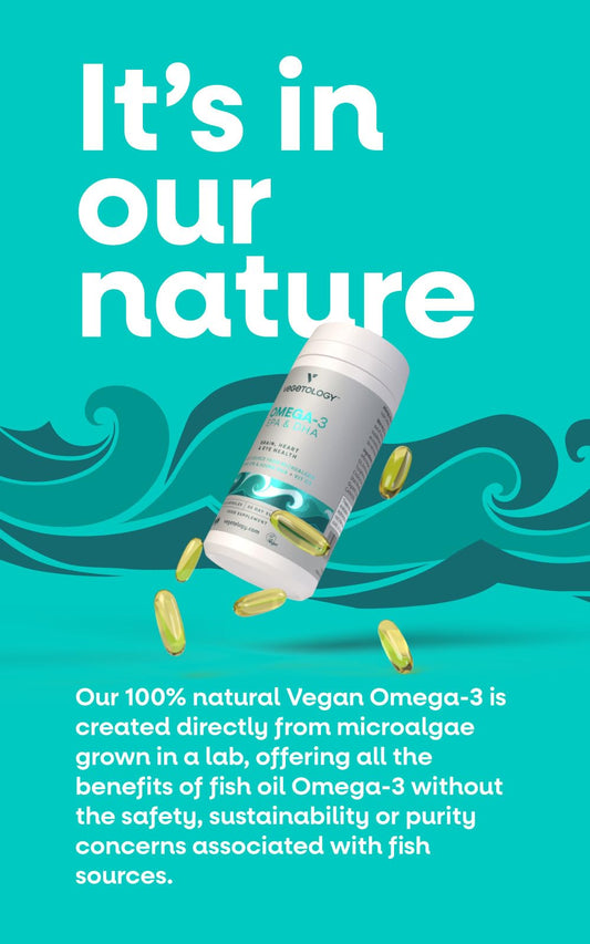 VEGETOLOGY omega-3 capsules shown in a bottle for daily vegan EPA and DHA.