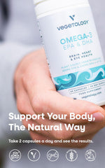 VEGETOLOGY EPA and DHA amounts show 500 mg DHA and 300 mg EPA per serving.
