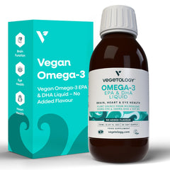 VEGETOLOGY Vegan Omega 3 Liquid bottle ready for convenient daily supplementation.
