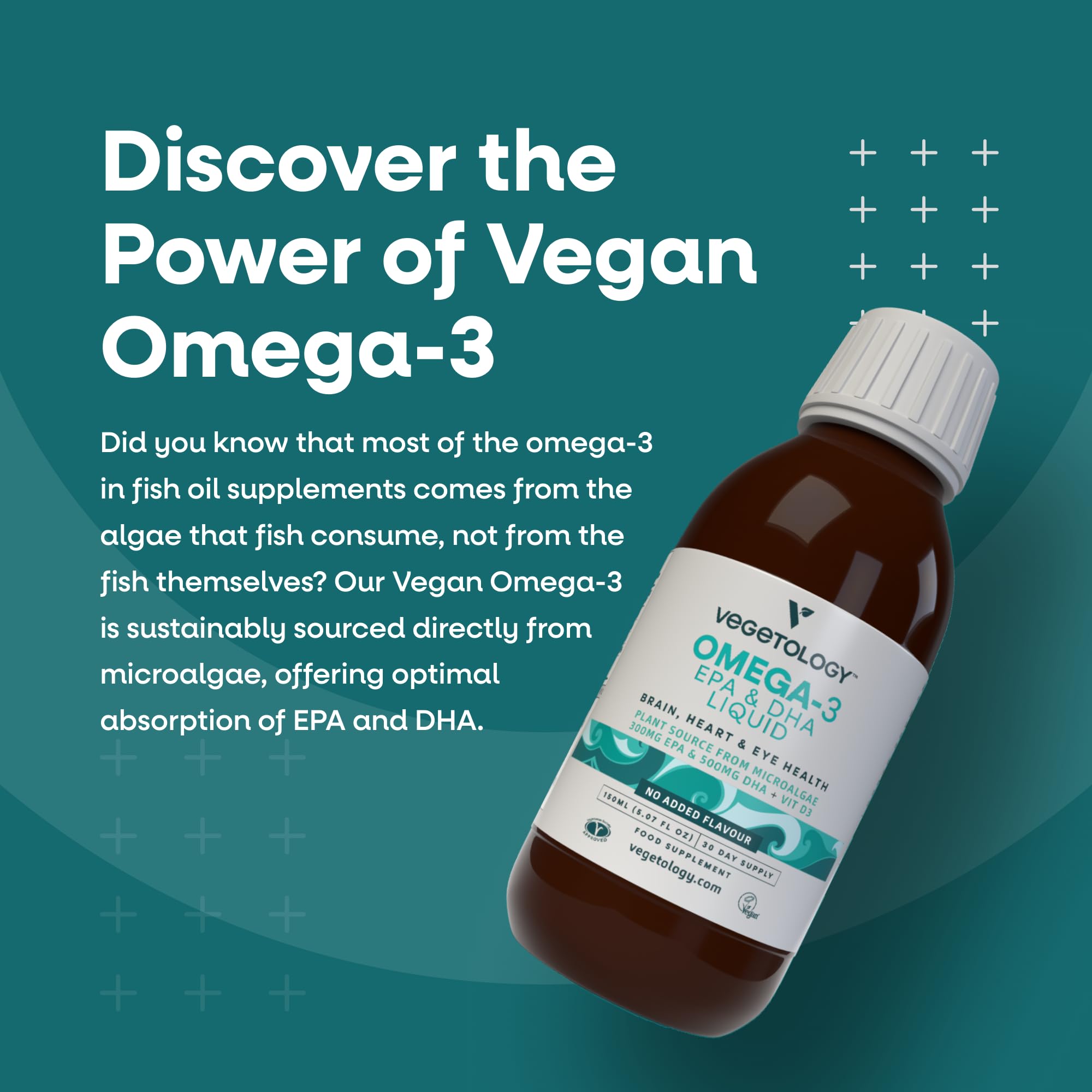 VEGETOLOGY Vegan Omega 3 Liquid being poured for easy dosing.