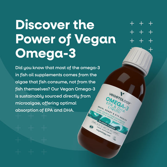 VEGETOLOGY Vegan Omega 3 Liquid being poured for easy dosing.