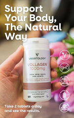 VEGETOLOGY Vollagen hair skin nails scene suggests potential beauty support.