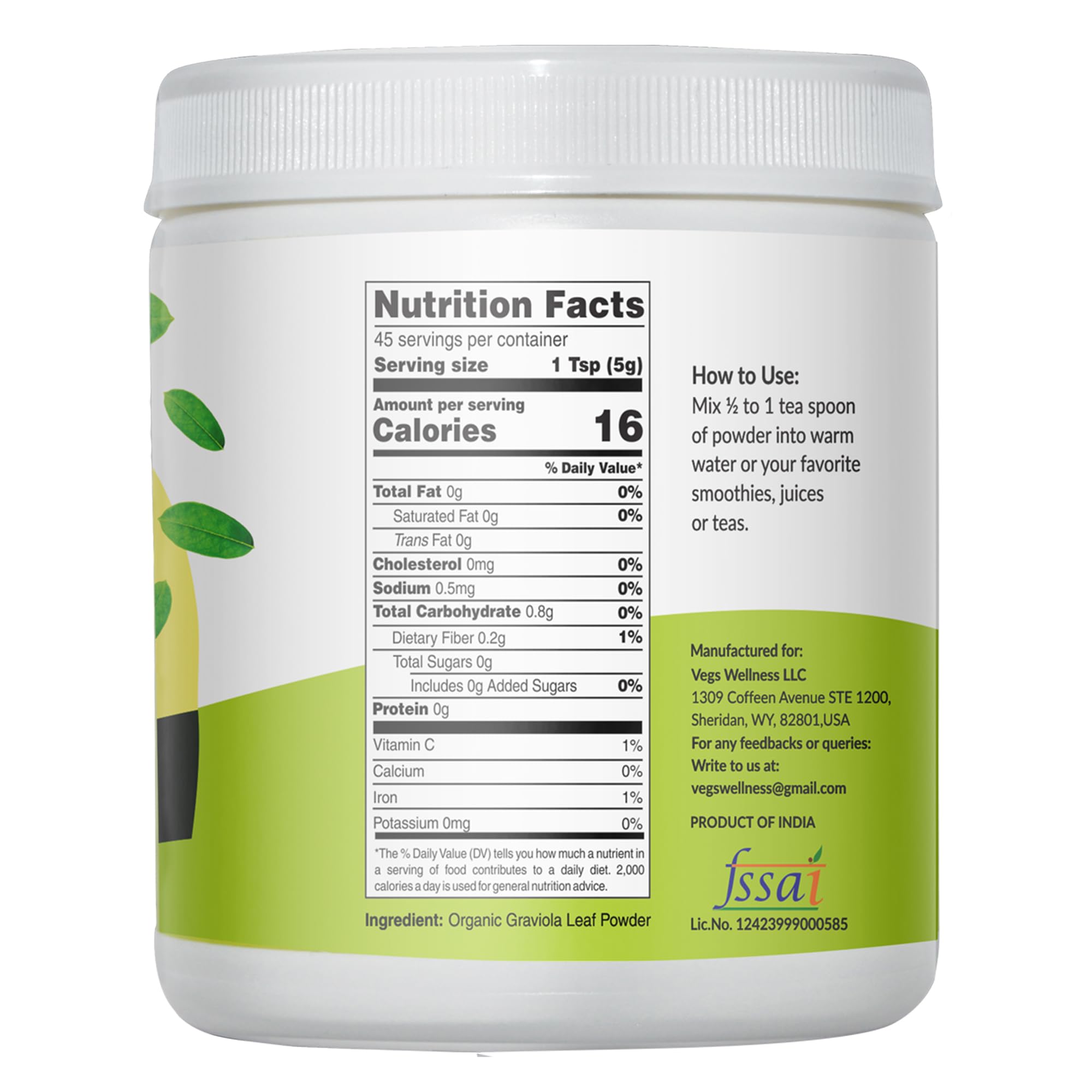 Vegs Graviola leaf powder fine texture close-up, easy to mix.