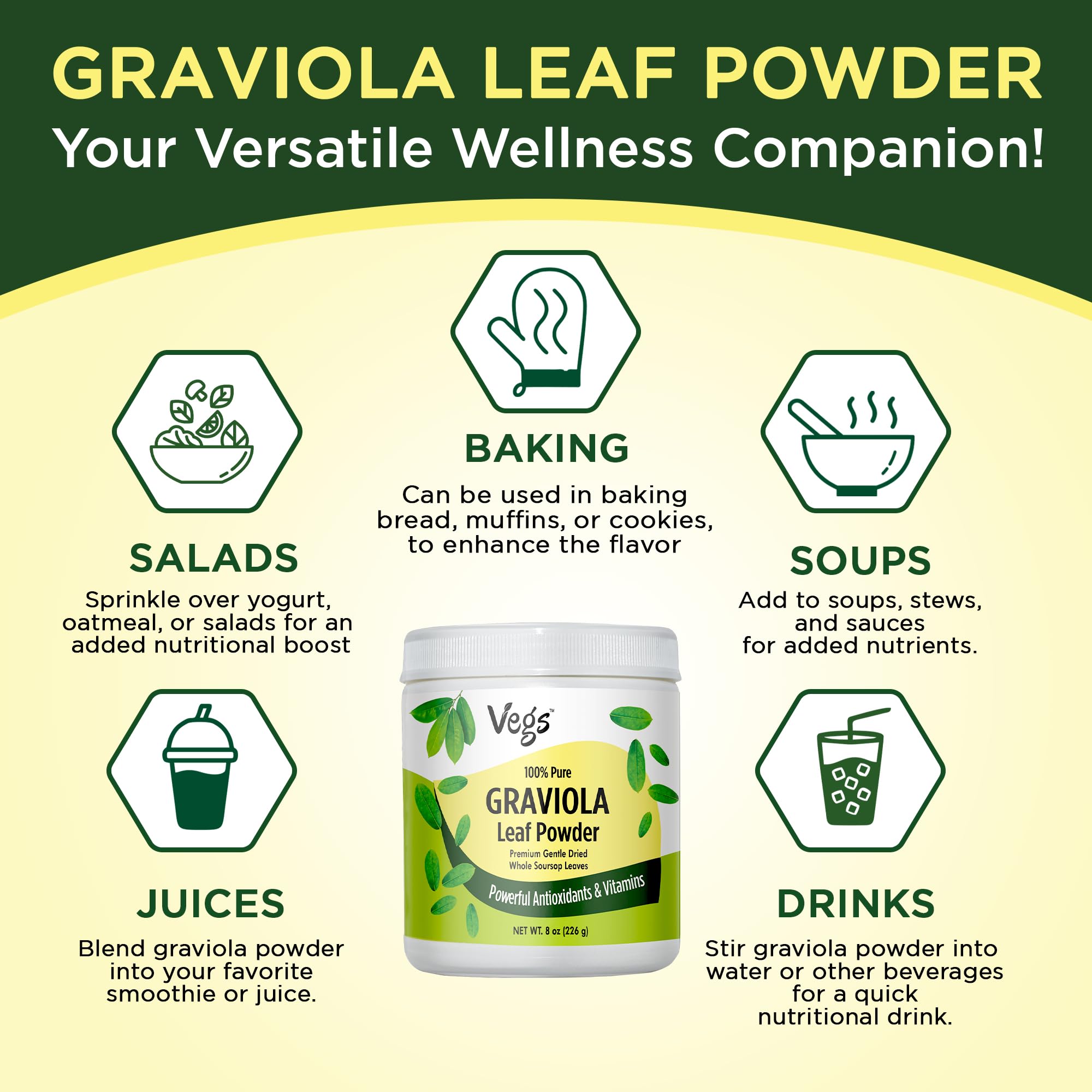 Vegs Graviola leaf powder on kitchen counter, convenient daily supplement.