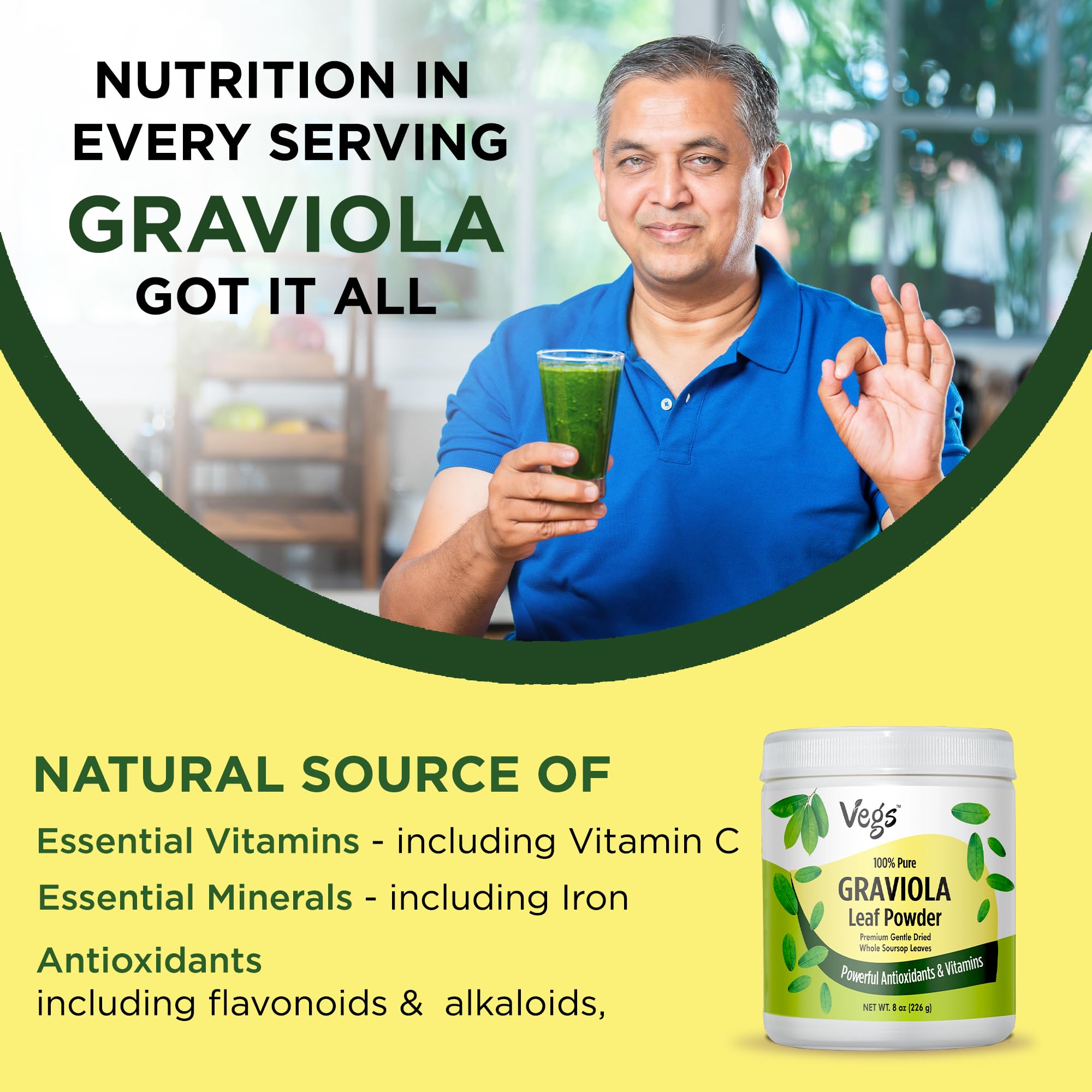 Vegs Graviola leaf powder with measuring spoon, easy to portion.