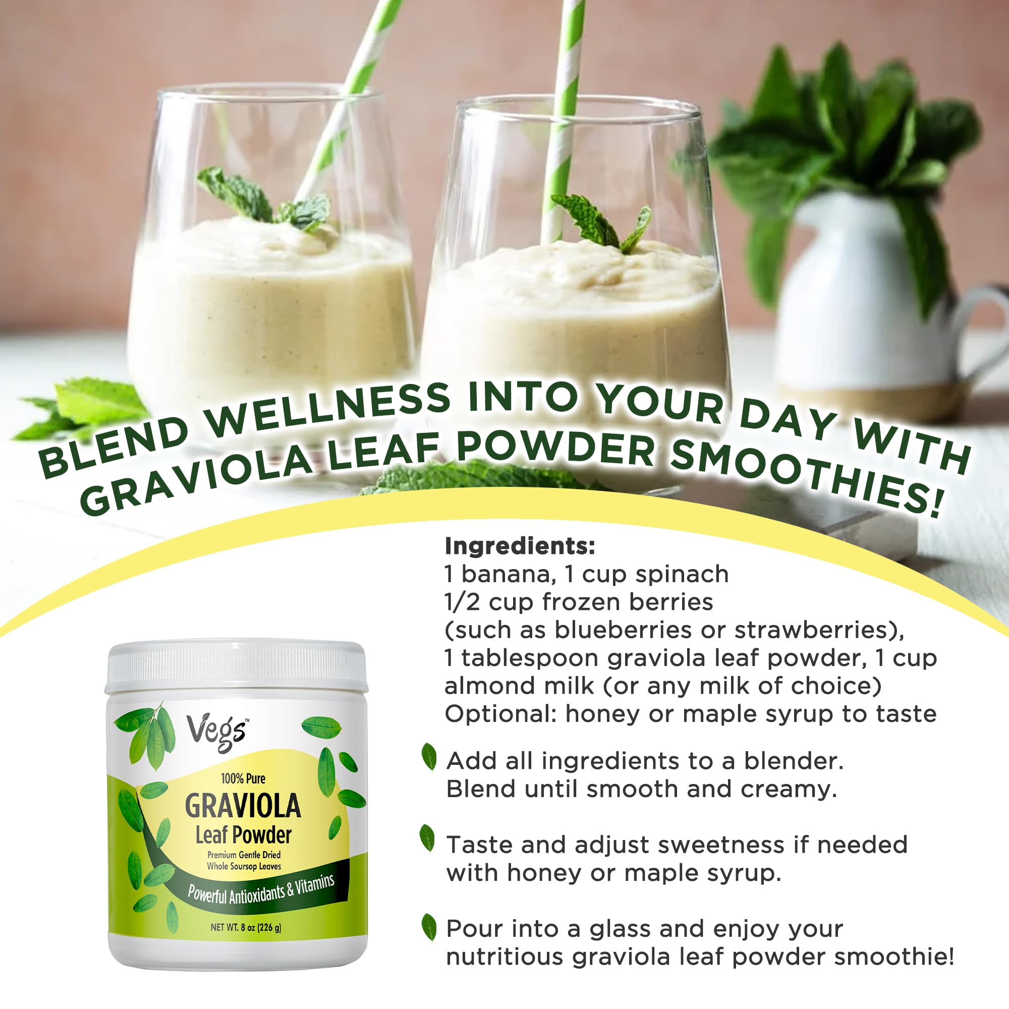 Vegs Graviola leaf powder packaging shows no added sugar.
