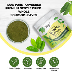 Vegs Graviola leaf powder organic certification label, trusted sourcing.