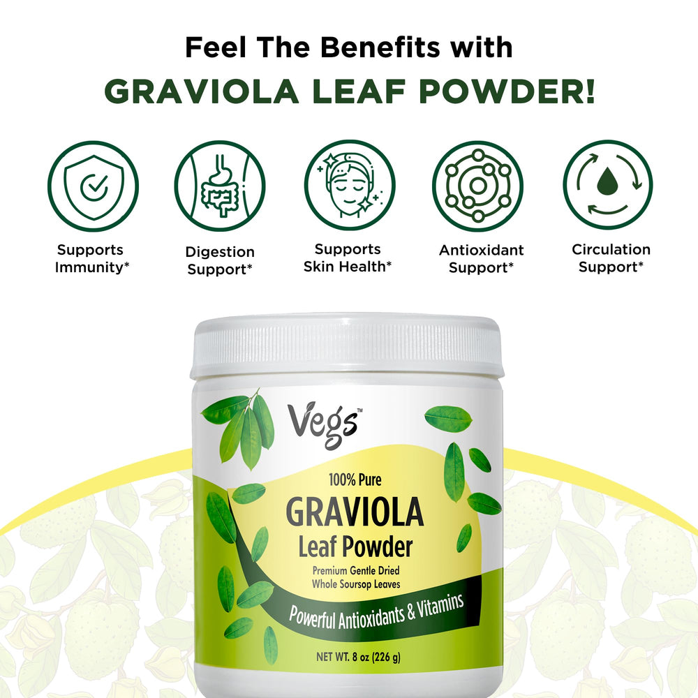 Vegs Graviola leaf powder steeped as tea, gentle energy boost.