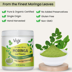 Vegs Moringa leaves closeup reveals vibrant green color from premium harvest.