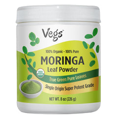 Vegs Moringa Powder bottle showcases pure leaves for daily energy.