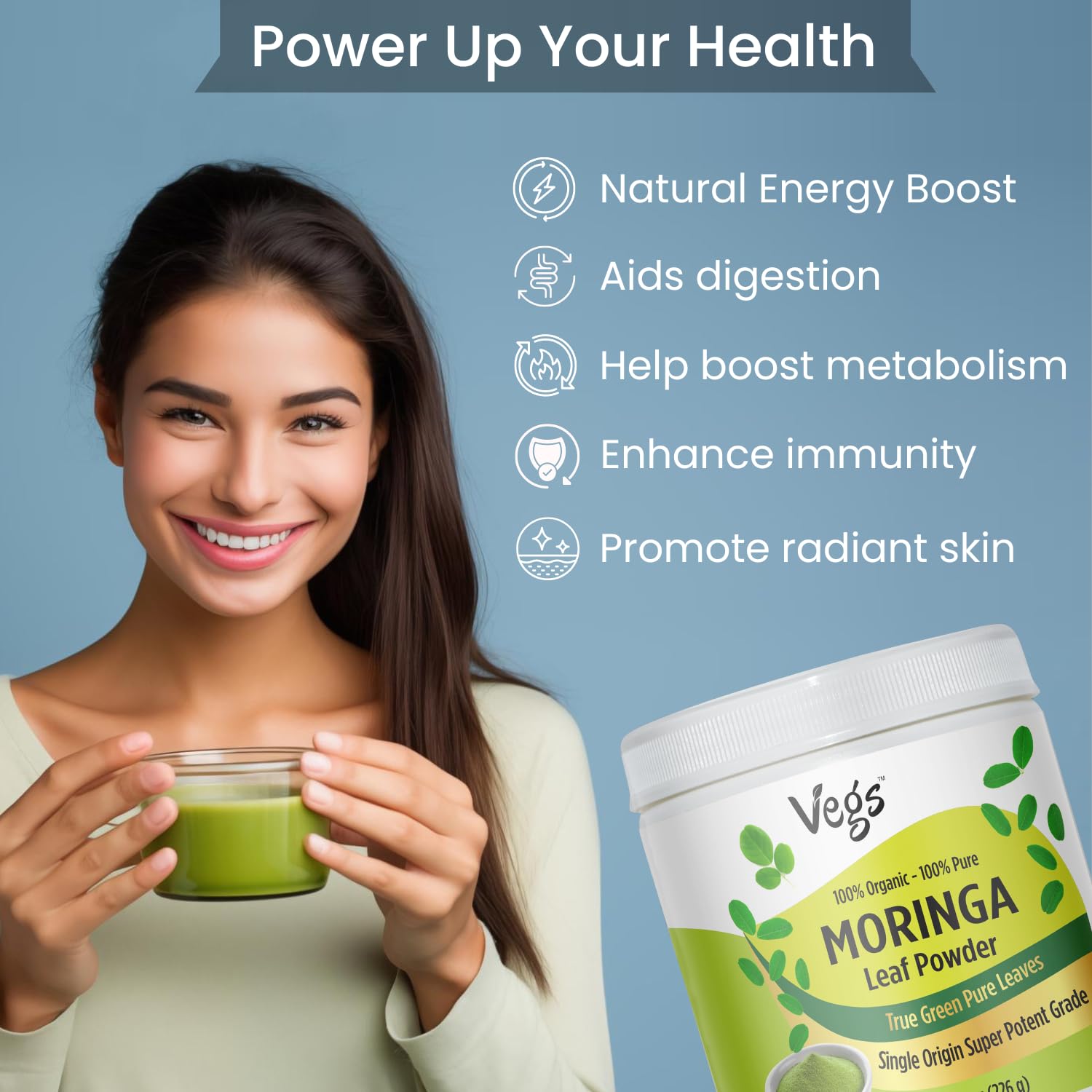 Vegs Moringa Powder in a bowl demonstrates versatile, sugar-free nutrition.