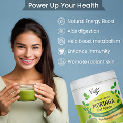Vegs Moringa Powder in a bowl demonstrates versatile, sugar-free nutrition.