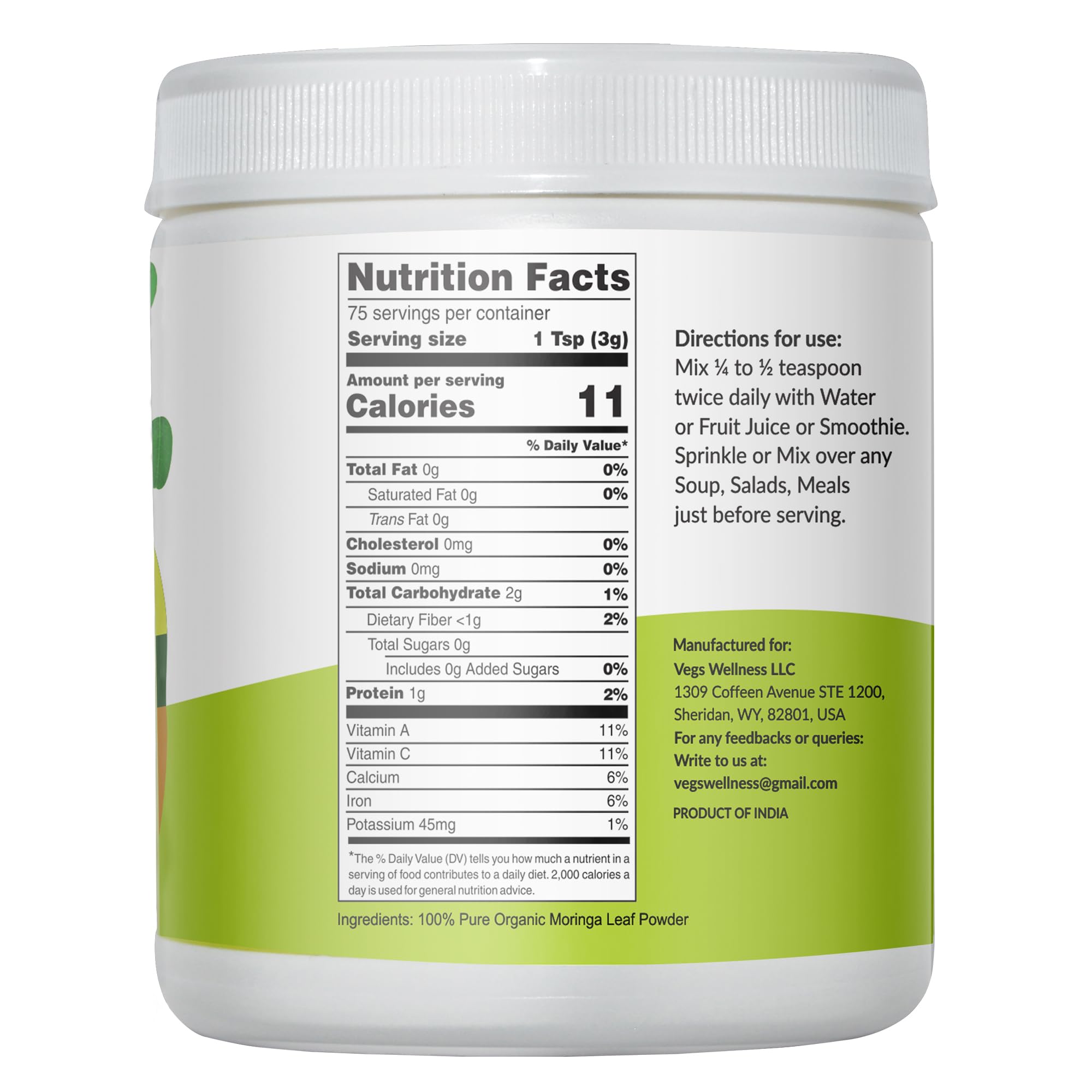 Vegs Moringa Powder jar on a kitchen counter highlighting nutrition.