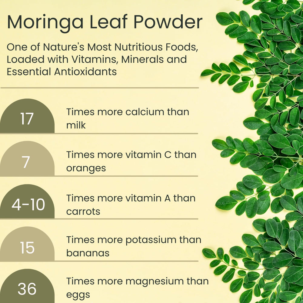 Vegs Moringa Powder poured into water for quick dissolving mix.