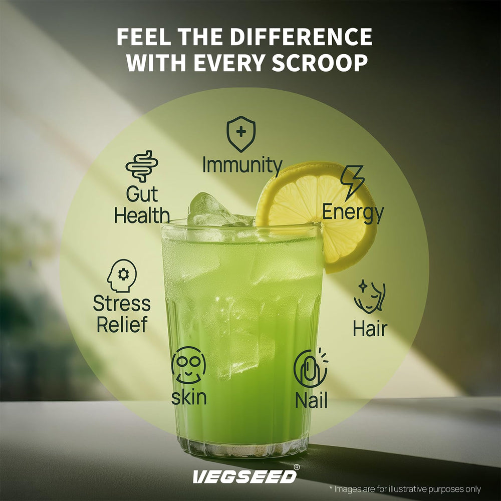 Vegseed Immunity Greens powder benefits visual suggesting immune and gut health support.