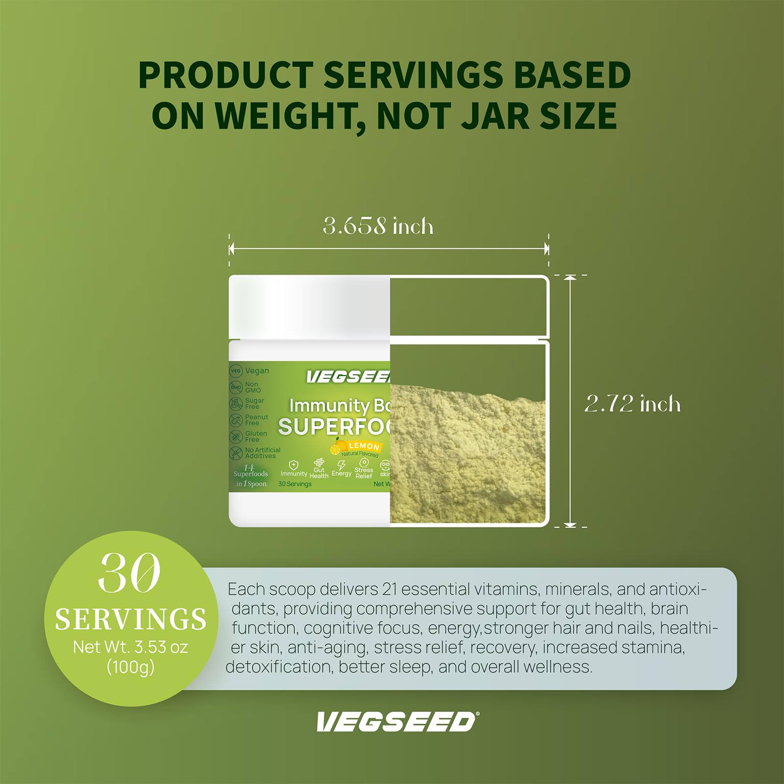 Vegseed Immunity Greens powder manufacturing badge indicates USA facility and quality testing.