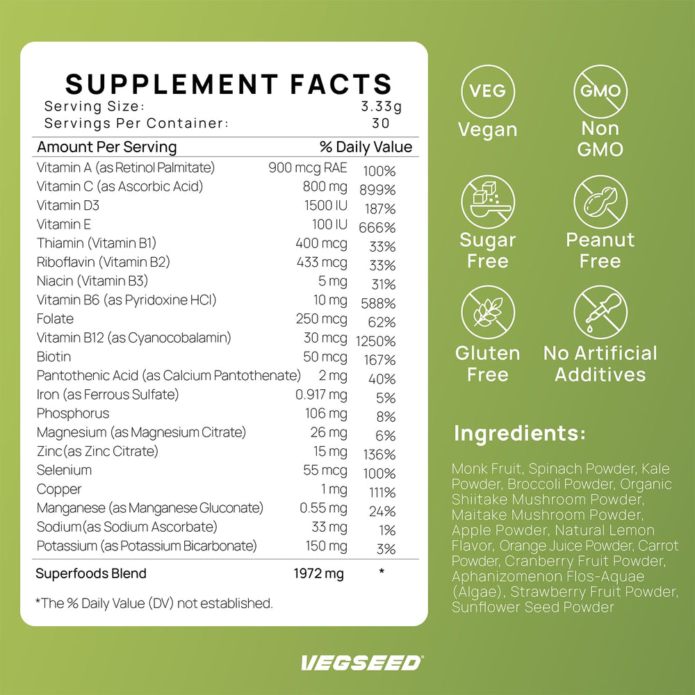 Vegseed Immunity Greens powder label highlights 21 vitamins and minerals for balanced nutrition.