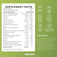 Vegseed Immunity Greens powder label highlights 21 vitamins and minerals for balanced nutrition.