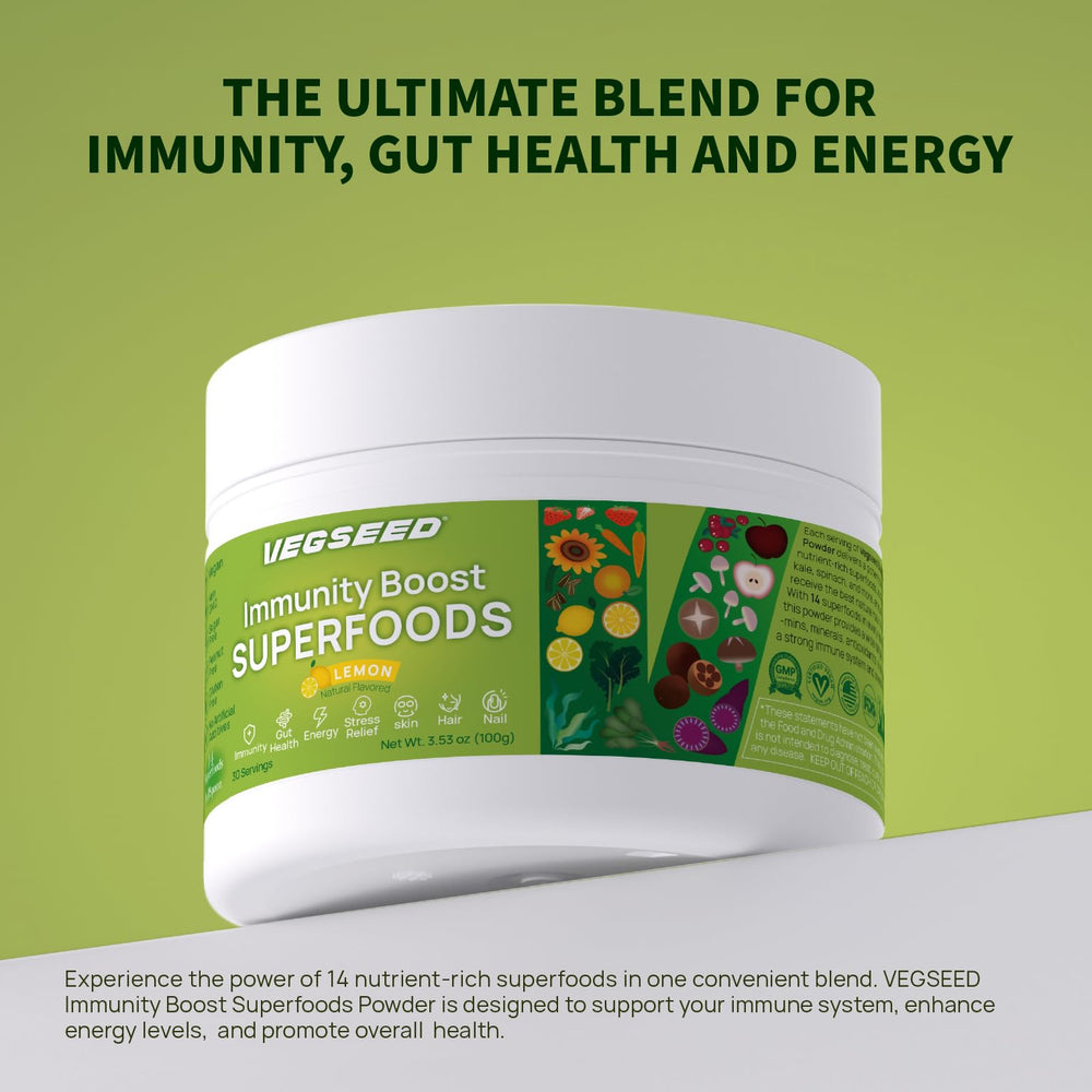 Vegseed Immunity Greens powder jar with pack contents and serving size.