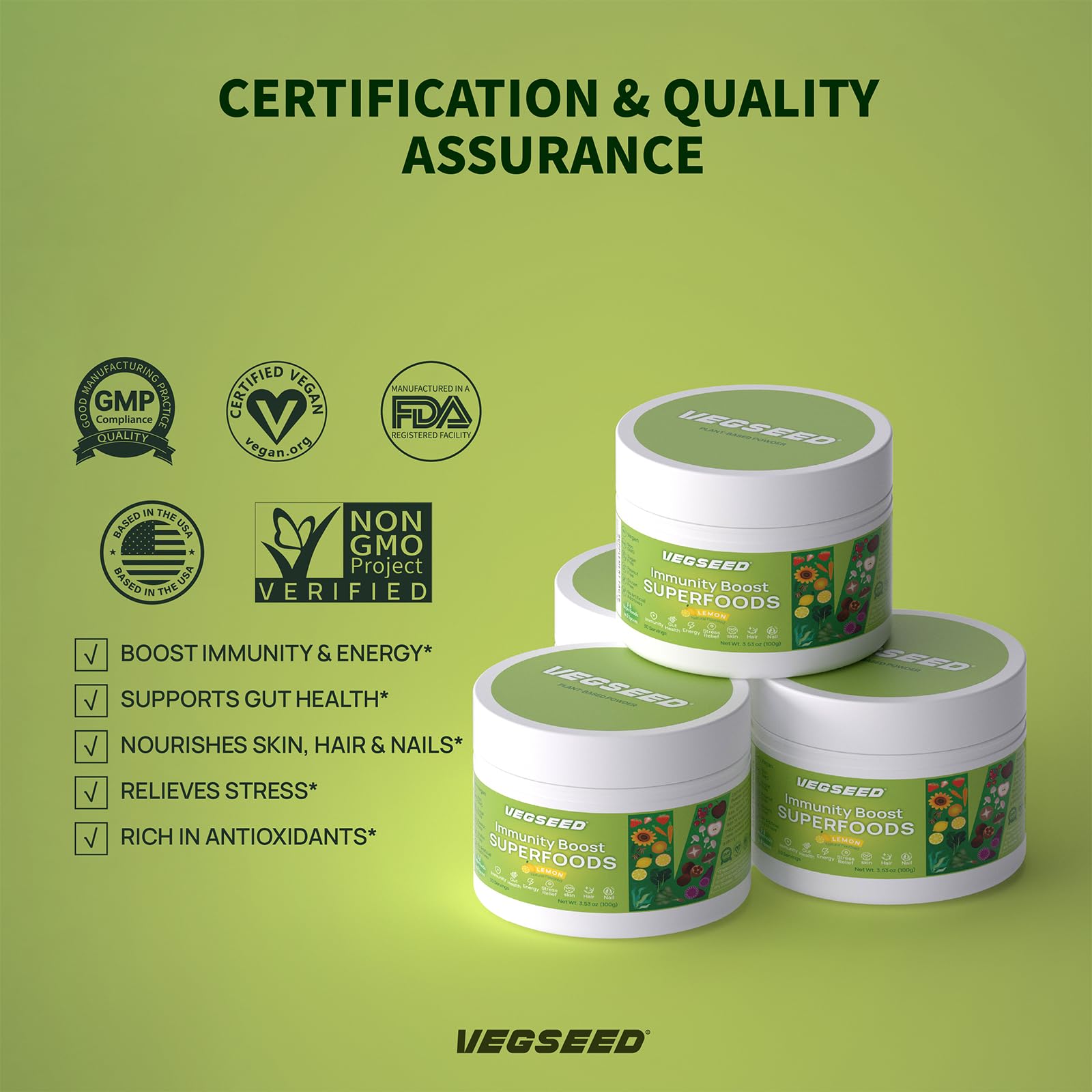 Vegseed Immunity Greens powder packaging showing vegan, gluten-free, dairy-free attributes.