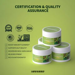 Vegseed Immunity Greens powder packaging showing vegan, gluten-free, dairy-free attributes.