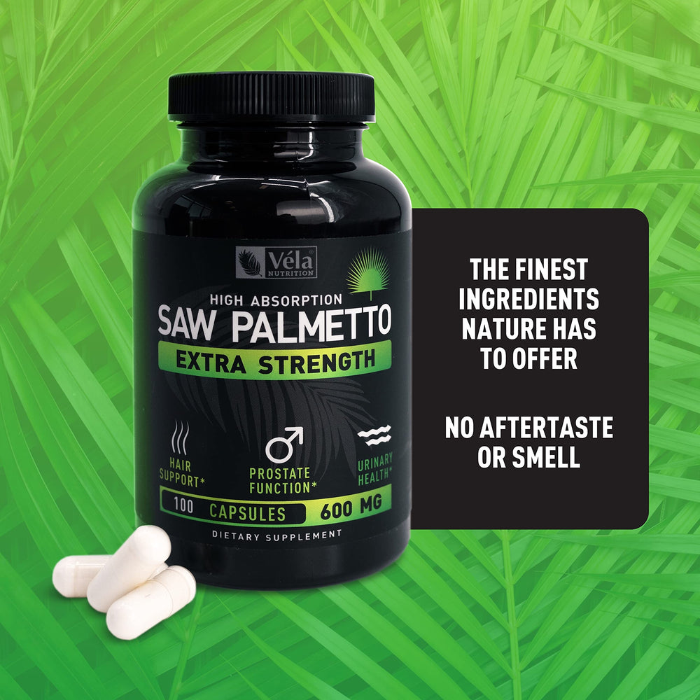 Véla Saw Palmetto 100-capsules bottle for 100 servings.