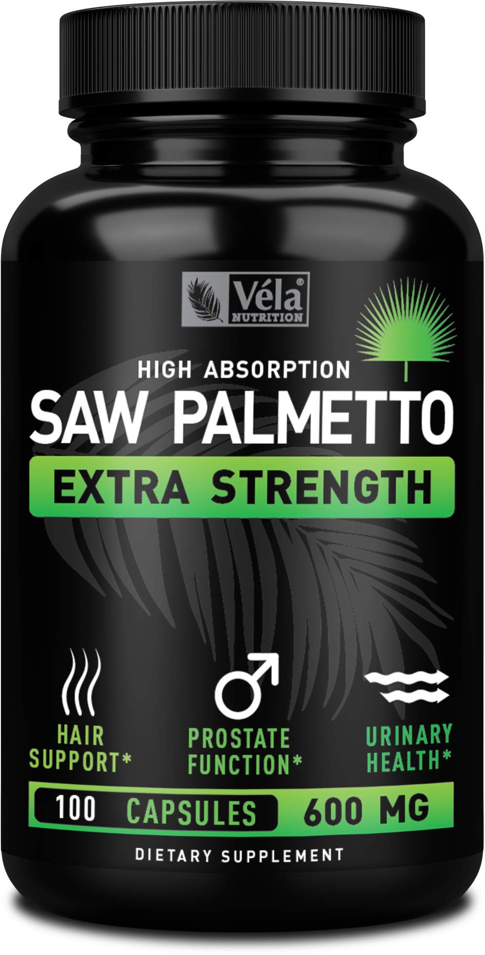 Véla Saw Palmetto 600 mg bottle for daily bladder health support.