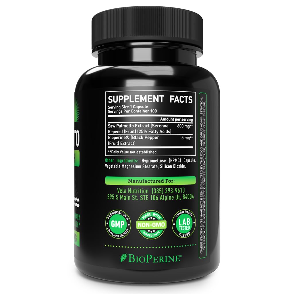 Véla Saw Palmetto capsules in a bottle for daily use.