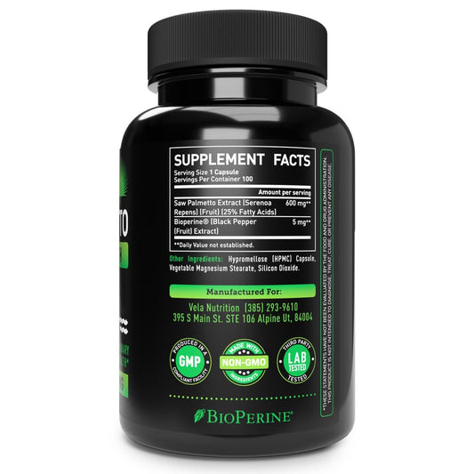 Véla Saw Palmetto capsules in a bottle for daily use.