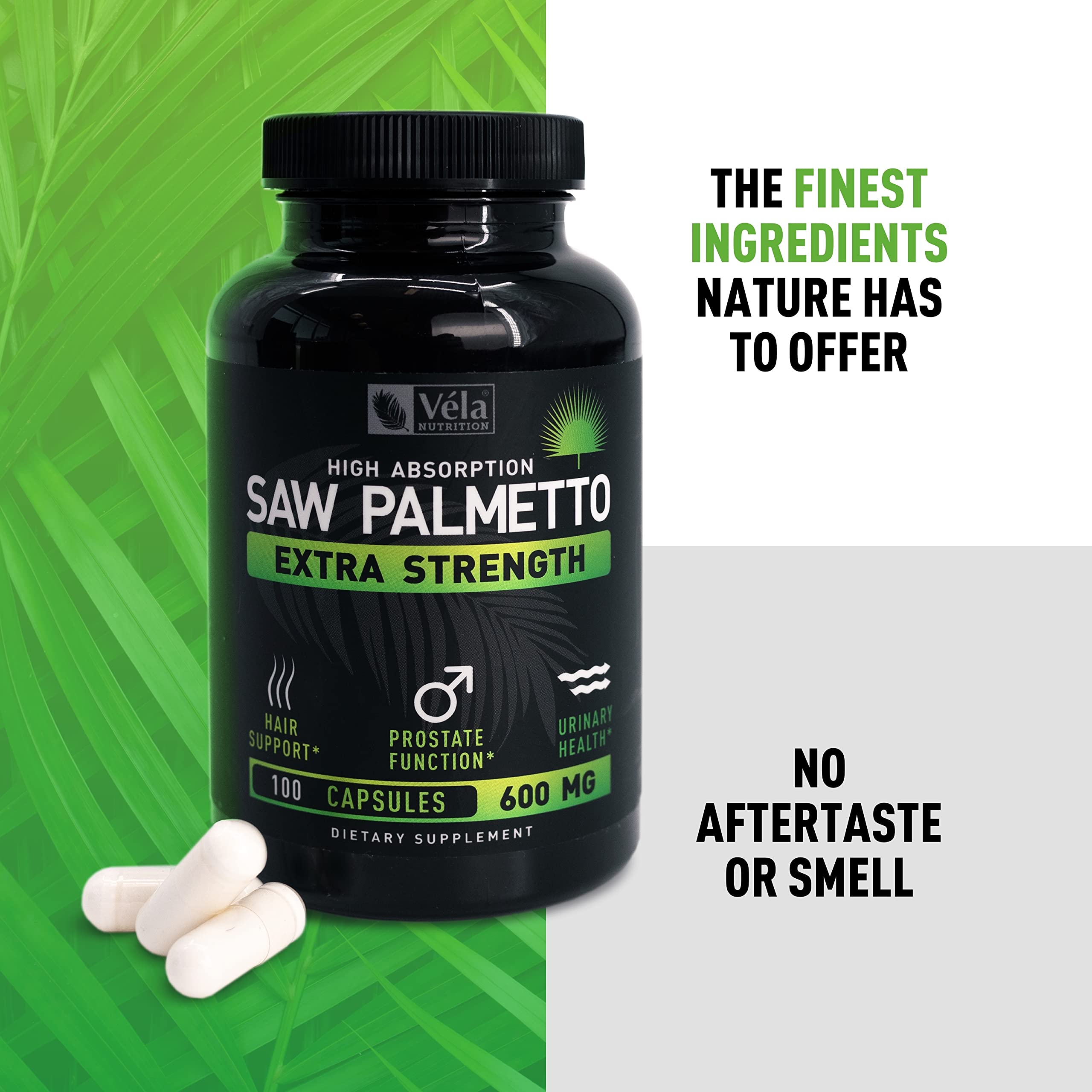 Véla Saw Palmetto bottle with purity testing for safety.
