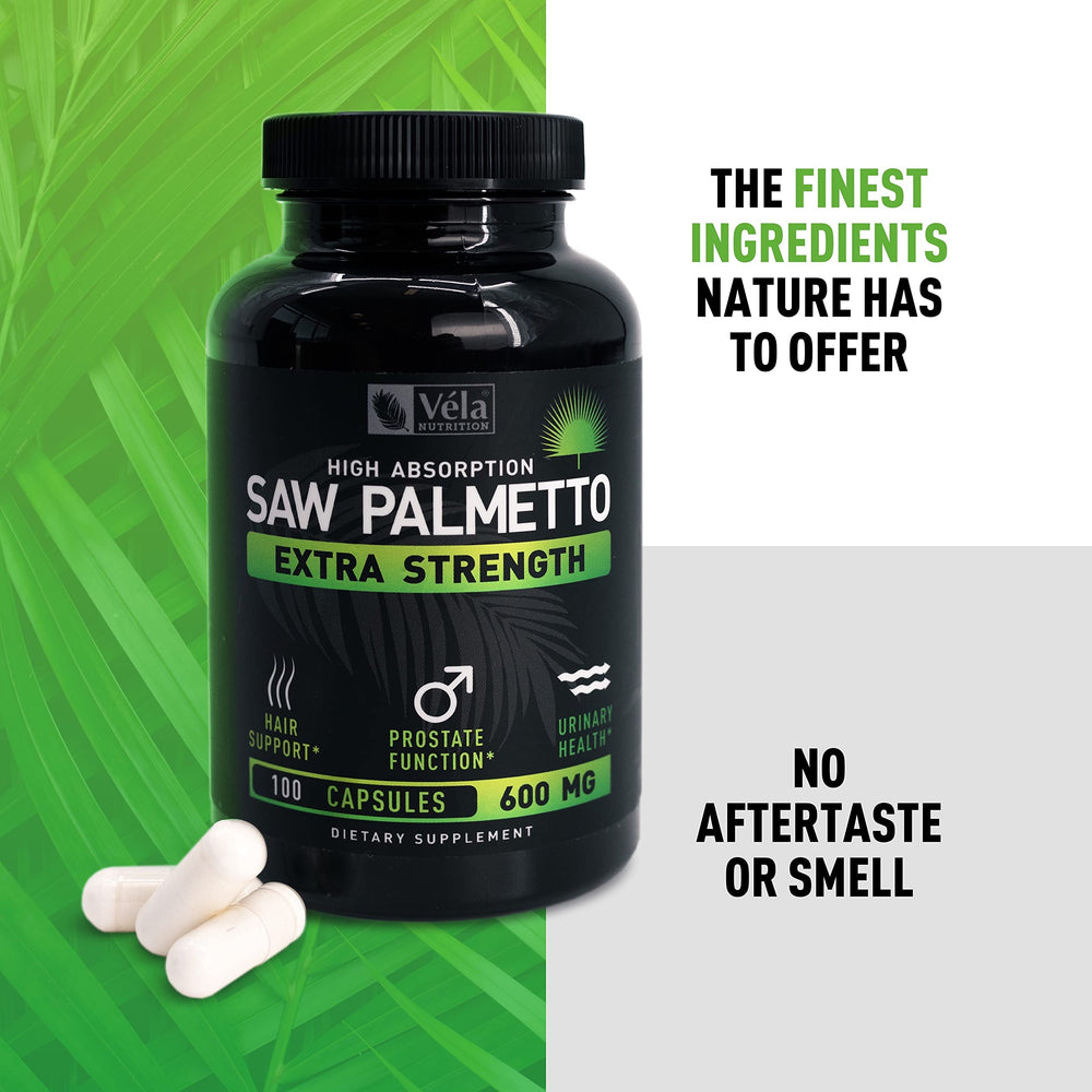 Véla Saw Palmetto bottle with purity testing for safety.