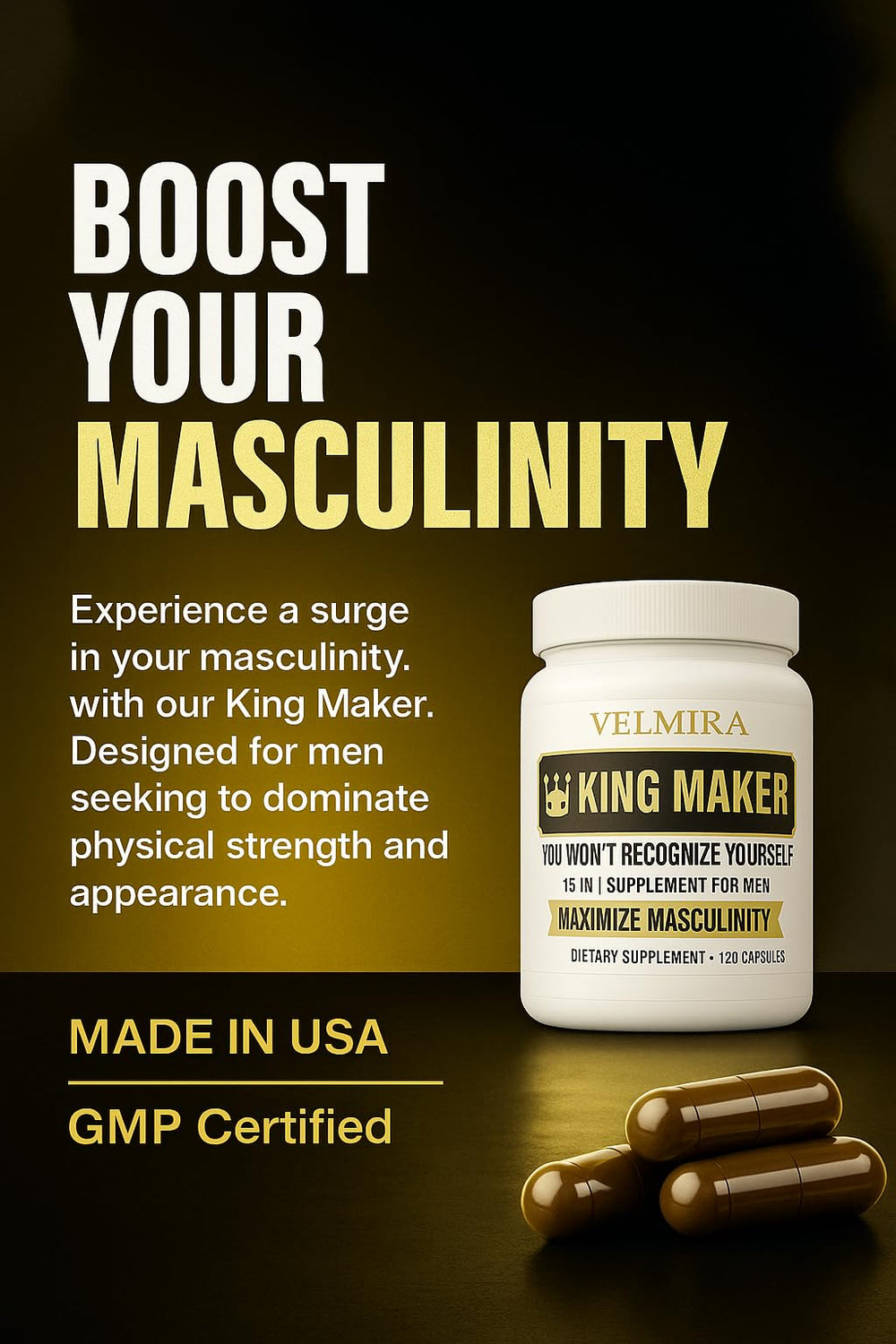 Velmira King Maker bottle highlights Tongkat Ali and Maca for sustained vigor