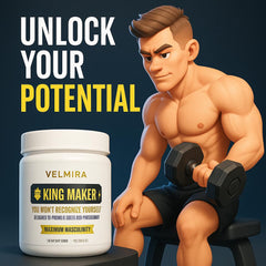 Velmira King Maker packaging shows Tongkat Ali and Maca for energy and endurance