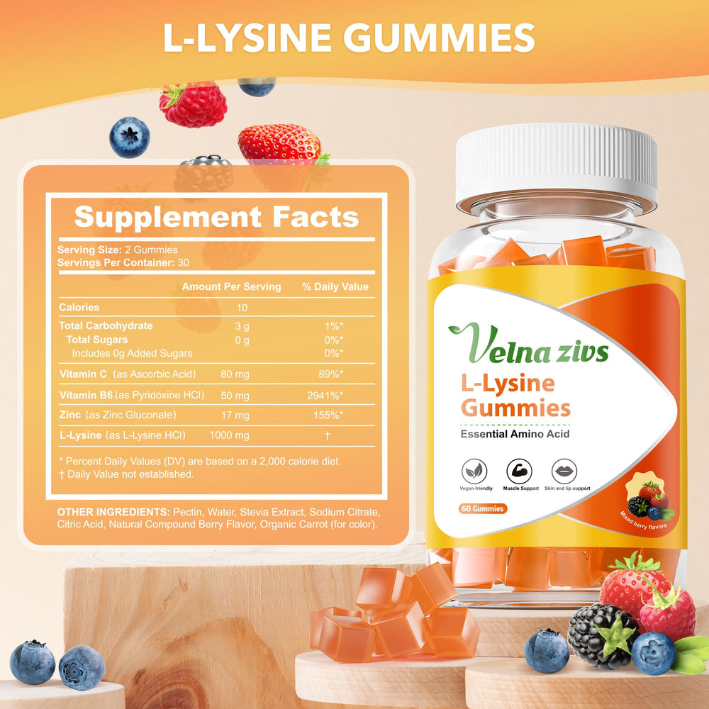 Velna zivs L-Lysine Gummies ingredients label highlighted with Vitamin C and Zinc.