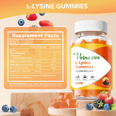Velna zivs L-Lysine Gummies ingredients label highlighted with Vitamin C and Zinc.