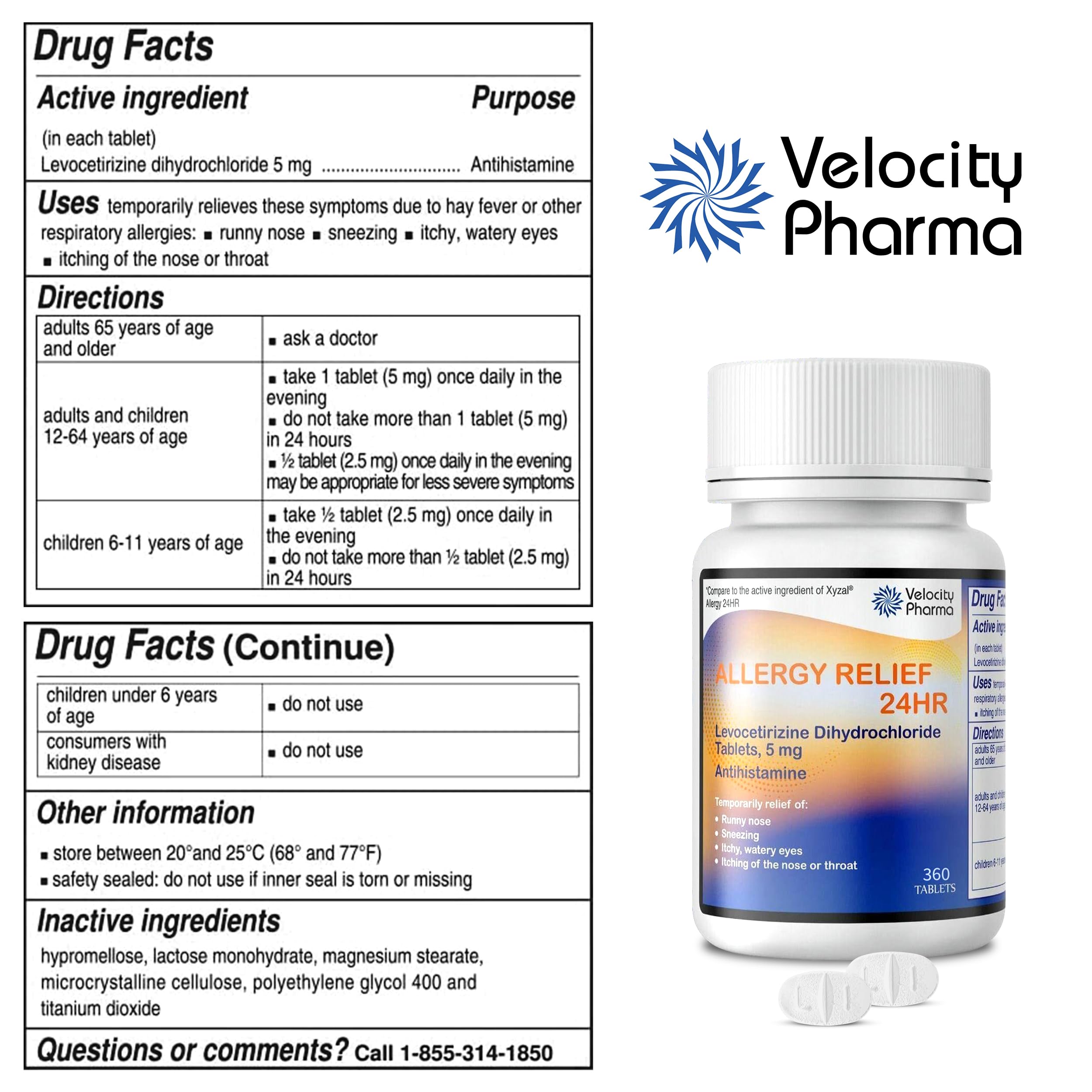 Velocity Pharma Levocetirizine label details on bulk 360-count pack.
