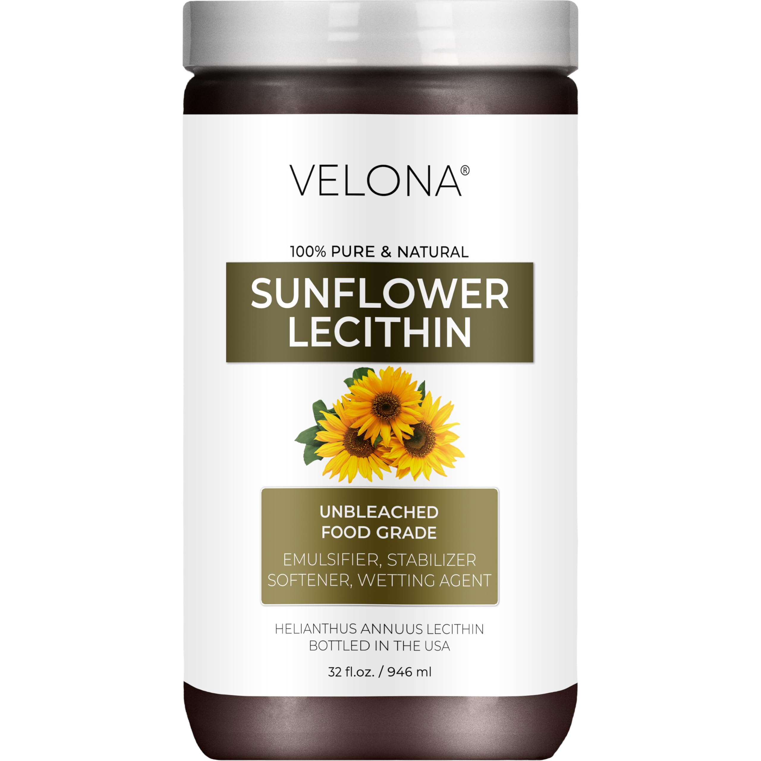 Velona Pure Liquid Sunflower Lecithin bottle ready for emulsions and texture work.