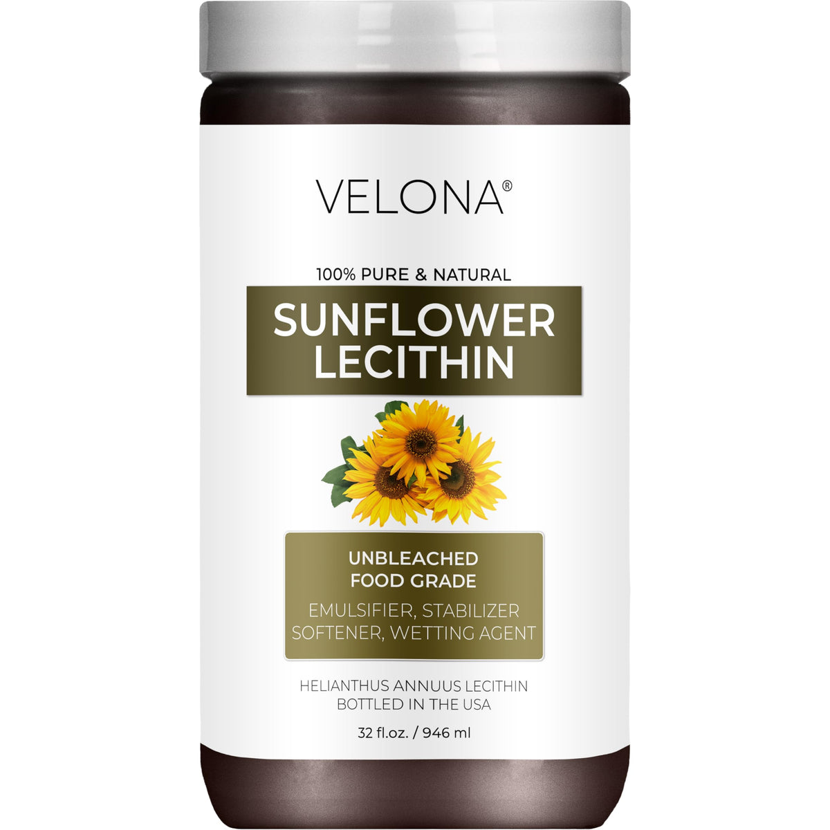 Velona Pure Liquid Sunflower Lecithin bottle ready for emulsions and texture work.