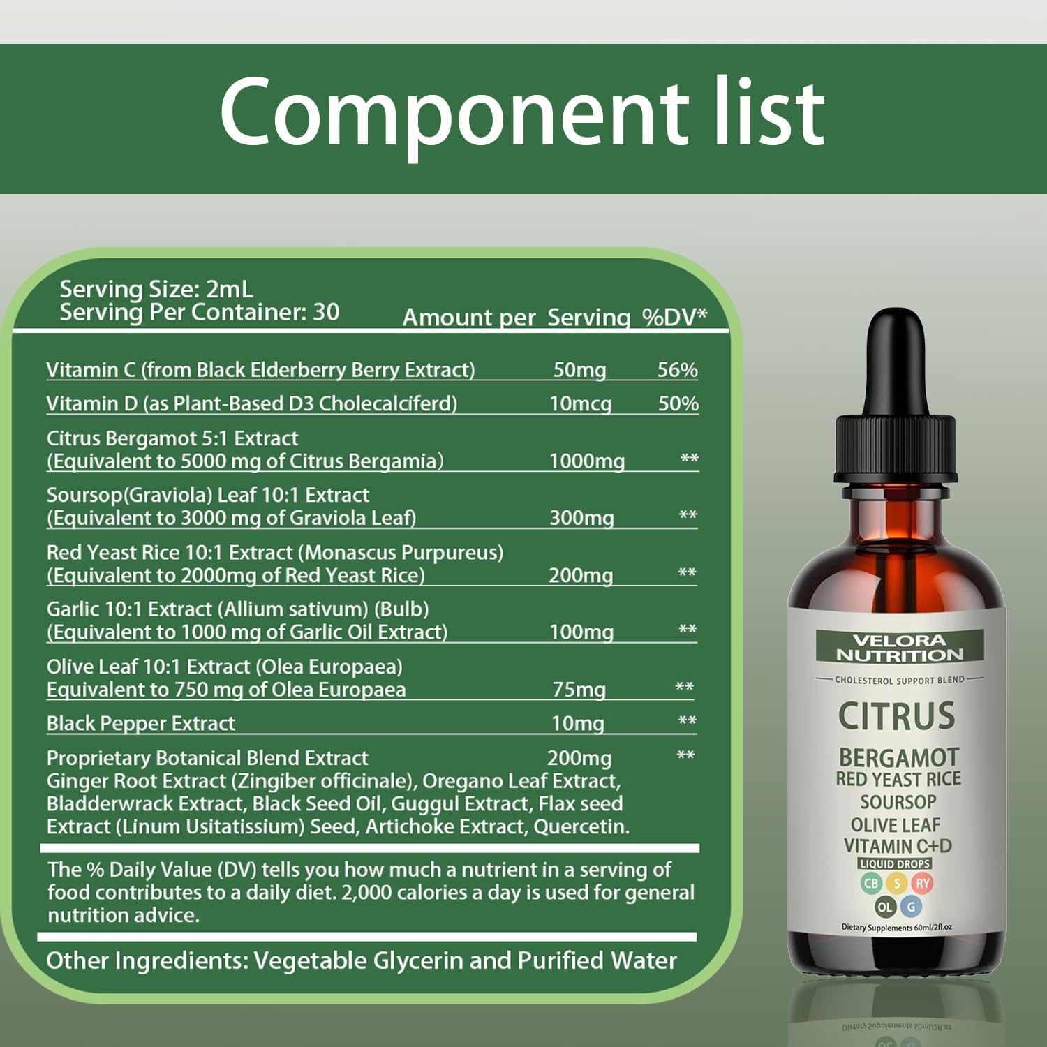 Velora Red Yeast Rice Drops 2 ml serving on a clean countertop.